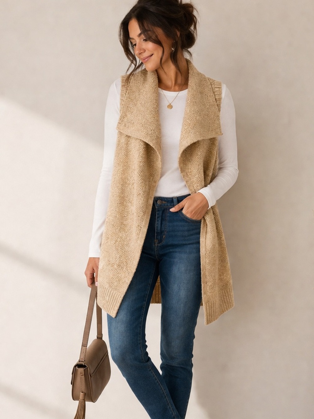 GAP Wool Blend Drape Front Sleeveless Cardigan Vest‎ Camel Knit Size M